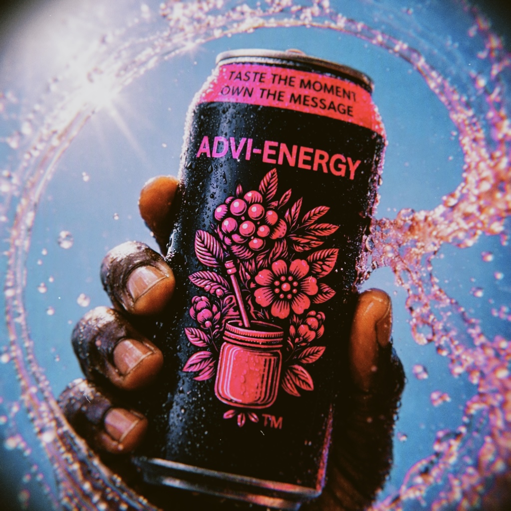 Hand holding a chilled ADVI-ENERGY Tangy Raspberry can